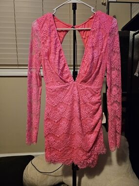 Xtaren Hot Pink Lace Mini Dress with Deep V